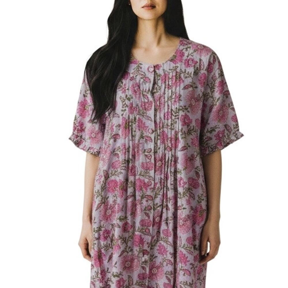 Little Tibet Boutique Blue Cotton Pink Floral Button Down Dress